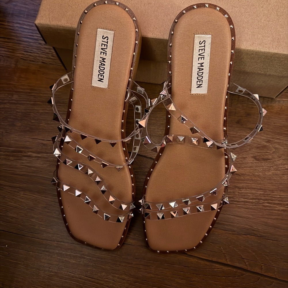 Steve Madden Clear and Tan Studded Sandals